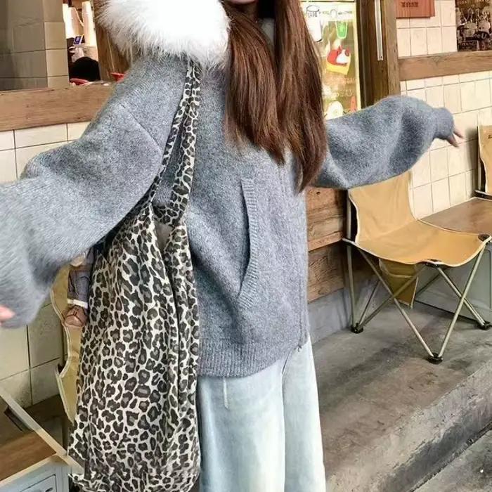 Veste Cardigan tricotée à col en fourrure texturée haut de gamme pour femmes