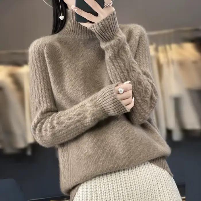 Pull à col roulé en laine mérinos pour femme - Coupe ample, style décontracté, automne-hiver, disponible en plusieurs couleurs et tailles ```