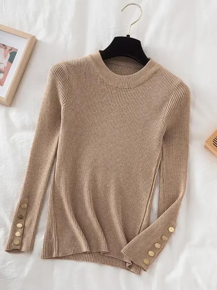 Pull en polyester kaki décontracté avec col rond pour femmes, automne-hiver, ajustement mince et haute élasticité