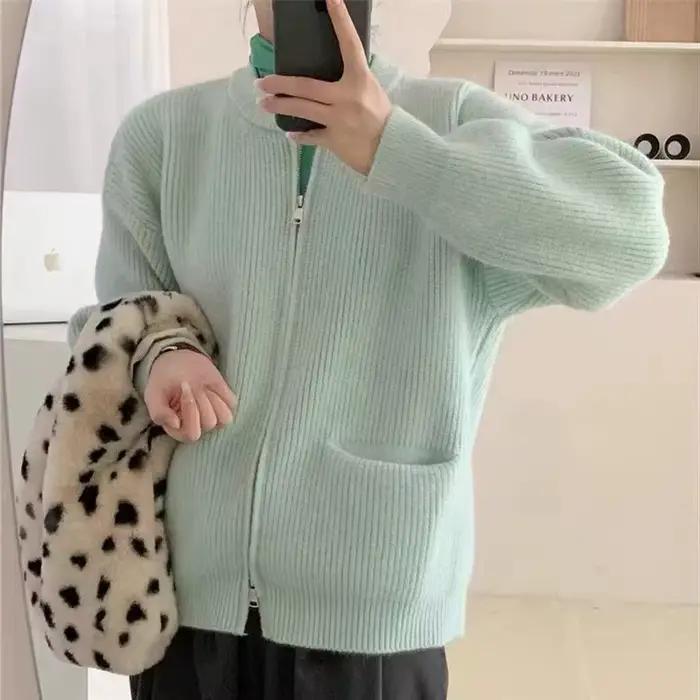 Pull tricoté ample et décontracté bywindto en polyester pour femme, automne hiver 2025, double fermeture éclair, style coréen