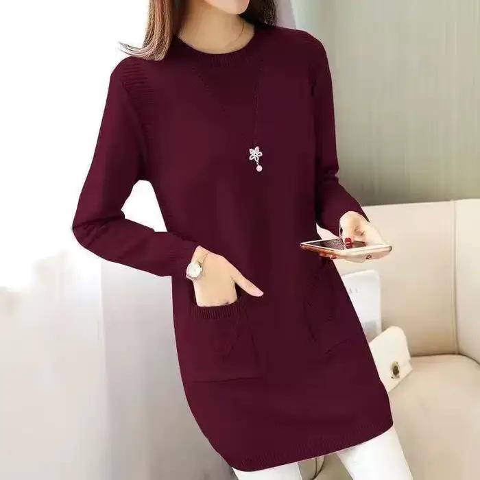 Femmes pull pull nouveau automne hiver à manches longues chaud pull col rond solide grande taille mi-longue pull femme hauts