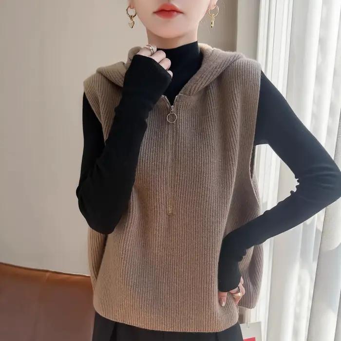 Pull femme gilet fermeture éclair à capuche chaud automne hiver tricoté
