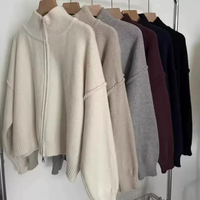 Cardigan en maille rétro à double fermeture éclair pour femme
