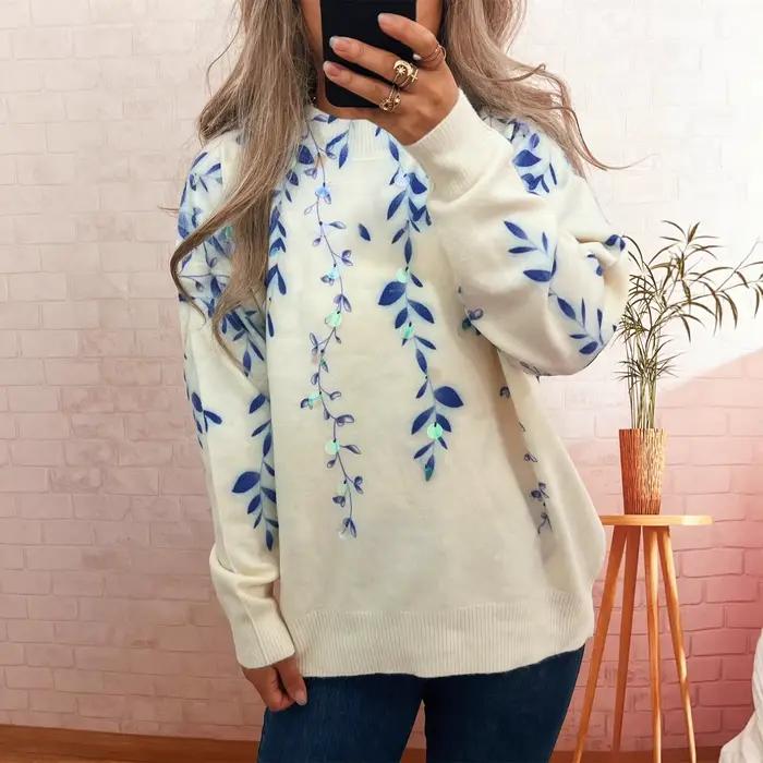 Nouveau pull décontracté à paillettes à fleurs