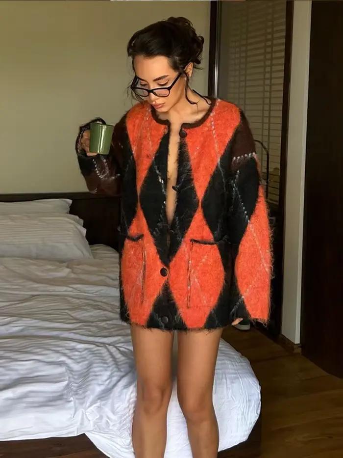 Cardigan tricoté Argyle Orange noir pour femme