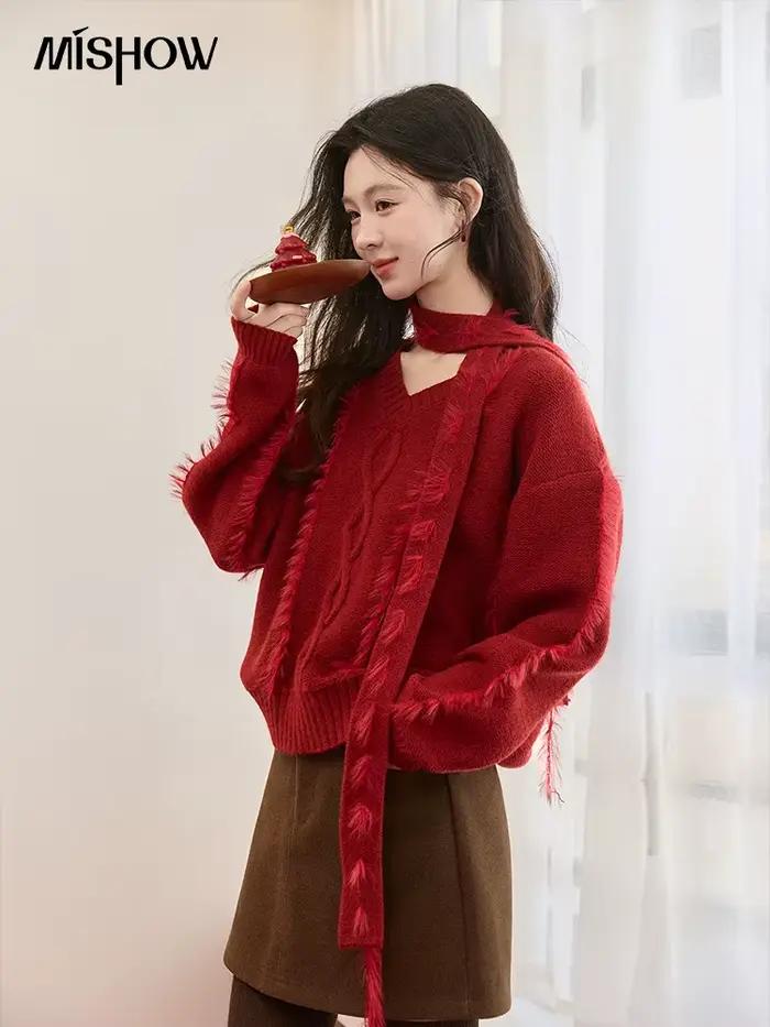 MISHOW noël tricoté pull femmes 2025 hiver bordeaux col en v hauts amples vison fourrure gland avec écharpe cravate chandails MXE93Z2809