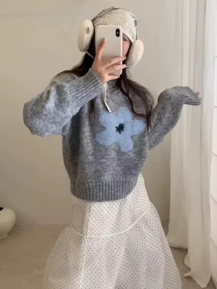 Nouveau Floral Jacquard Vintage pulls pour femmes automne hiver vêtements col rond Pull décontracté coréen tricoté Chic