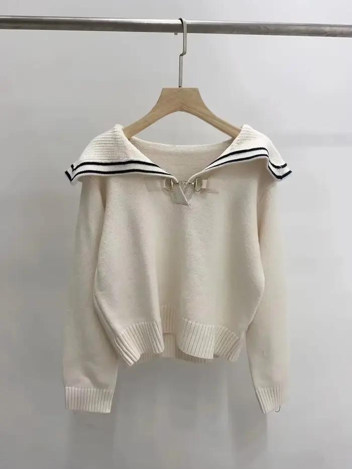 Pull à col marin pour femme, style preppy, automne-hiver, pull à manches longues, tricot avec chaîne en métal