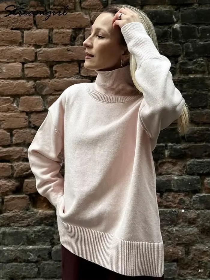 Pull à col roulé marron femmes pulls automne surdimensionné beurre jaune chandails épais col