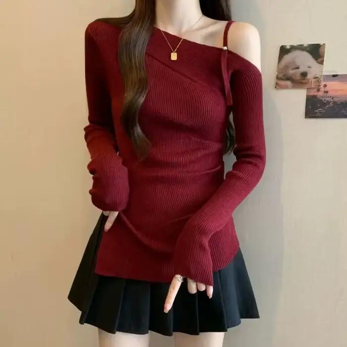 Pull à col incliné en polyester ample et élégant pour femmes, automne hiver, style plage, pour sports et occasions spéciales
