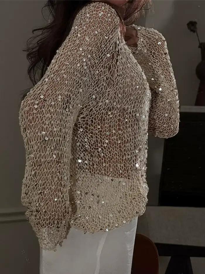Chemisier tricoté à paillettes col rond pour femmes streetwear chic à manches longues hauts de vacances été toutes les saisons