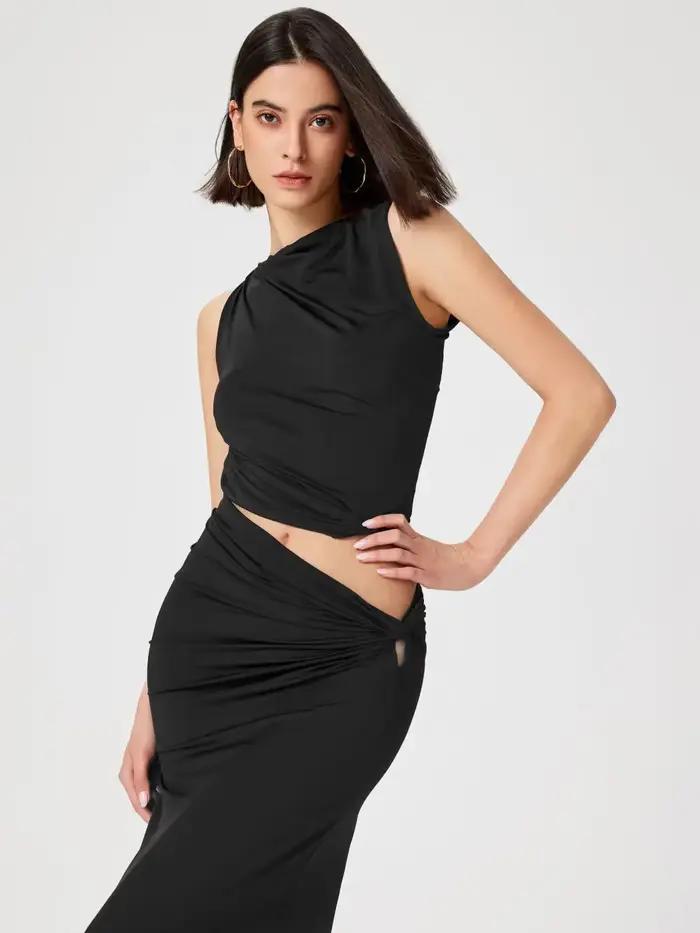 Ensemble jupe longue tricotée décontracté pour femmes couleur unie printemps été confortable à la mode occassions spéciales