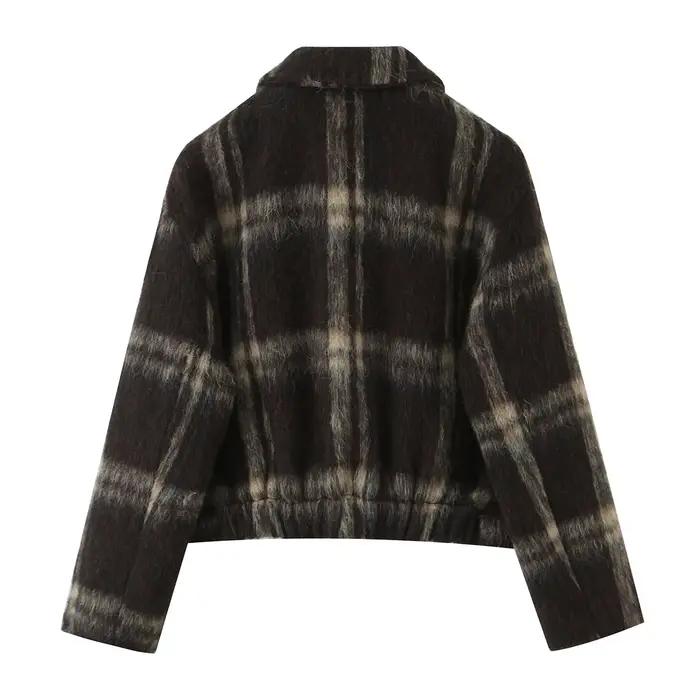 Manteau en peluche à carreaux brun pour femmes veste d'automne à col rabattu simple boutonnage vêtements d'extérieur streetwear vintage veste à manches longues occassions printemps automne
