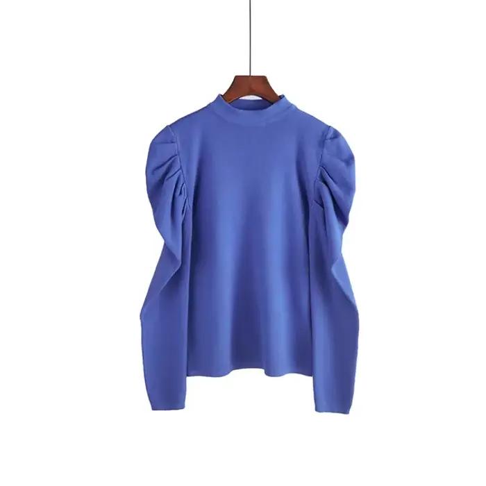 Pull en coton polyester tricoté décontracté avec manches bouffantes pour femmes hiver style sauvage occassions variées