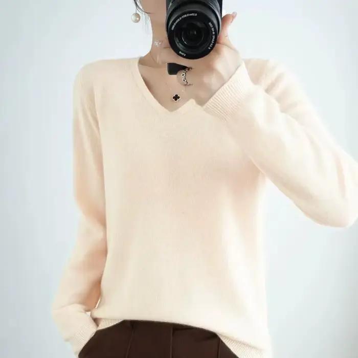 Pull col en V pour femmes, décontracté et chaud, tricoté en polyester et coton, pour automne et hiver, élégant et confortable pour diverses occasions