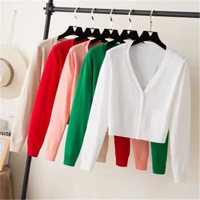 Cardigan court col en V pour femmes