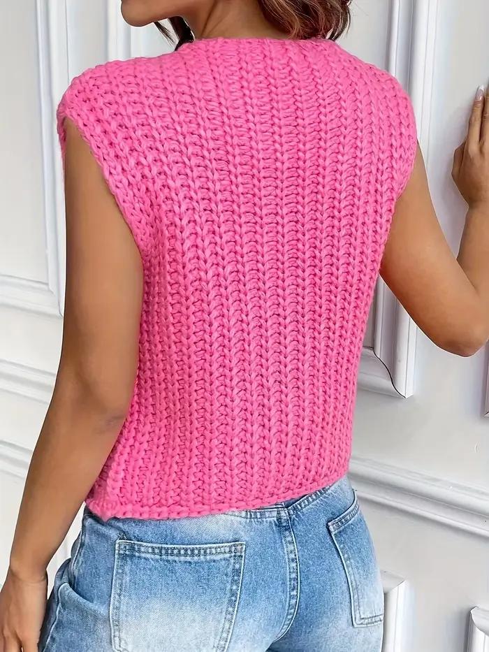 Cardigan en crochet sans manches pour femme avec boutons métalliques et poches