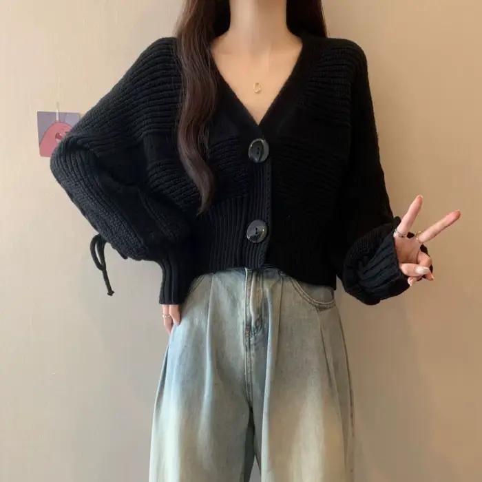 Cardigan Polyester Epais Coupe Ample Manches Lanternes Col En V Pour Femmes Occasions Automne Hiver