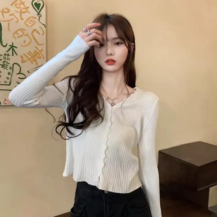 Cardigan côtelé à col rond pour femme