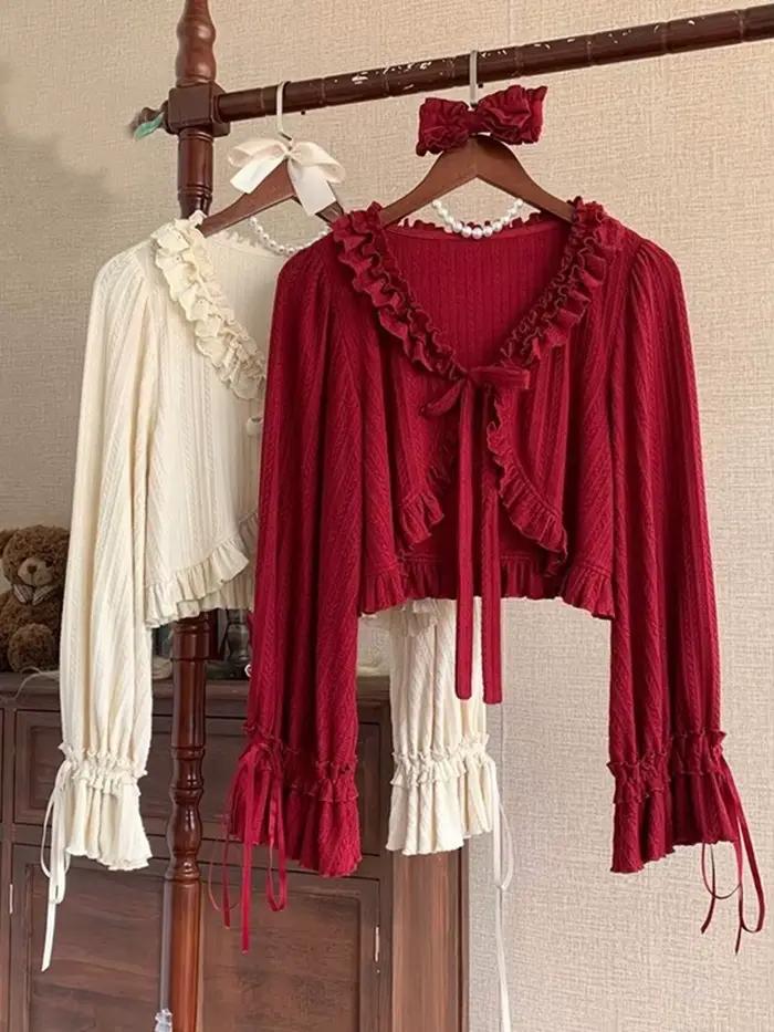 Cardigan kawaii Lolita pour femmes avec volants et nœuds décontracté et doux pour automne hiver à offrir occasions spéciales