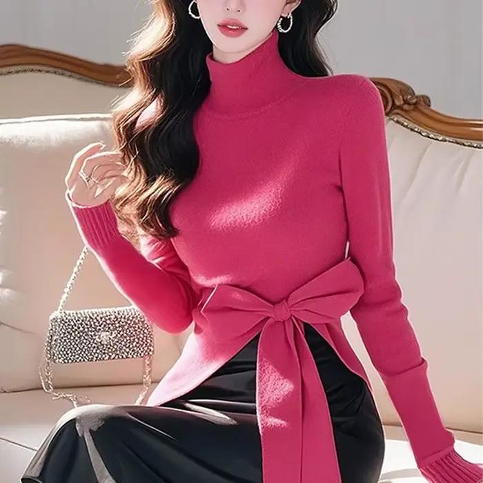 Pull en tricot irrégulier à col haut pour femme