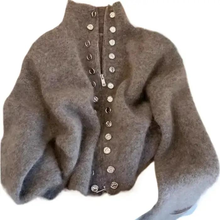Cardigan moelleux pour femmes avec col rabattu, coupe ample, design décontracté, fermeture éclair, polyester et coton, pour automne hiver occasions multiples