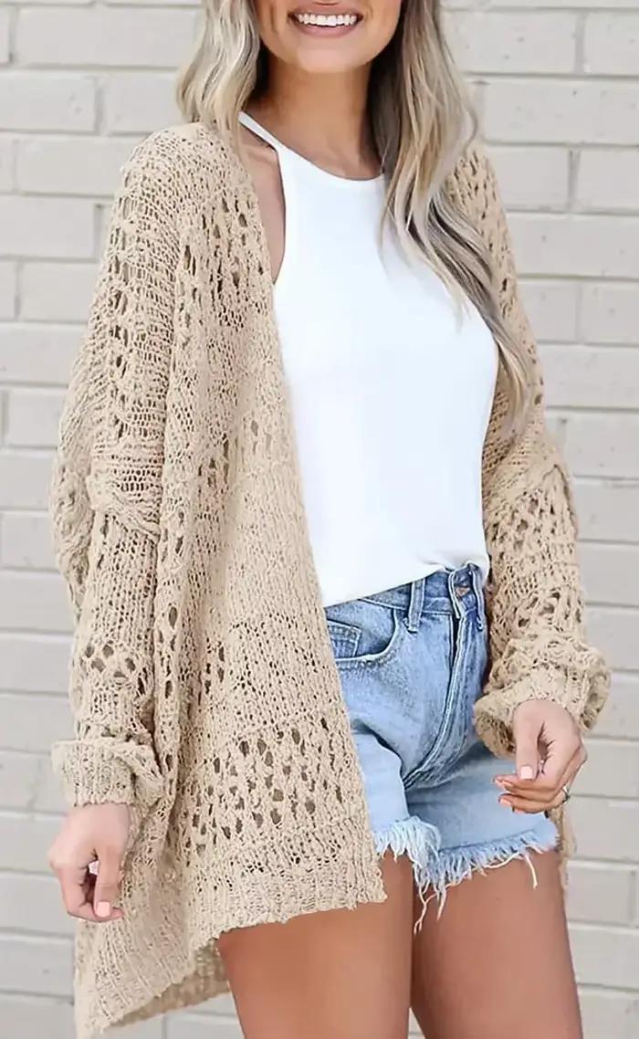 Cardigan long au crochet pour femme