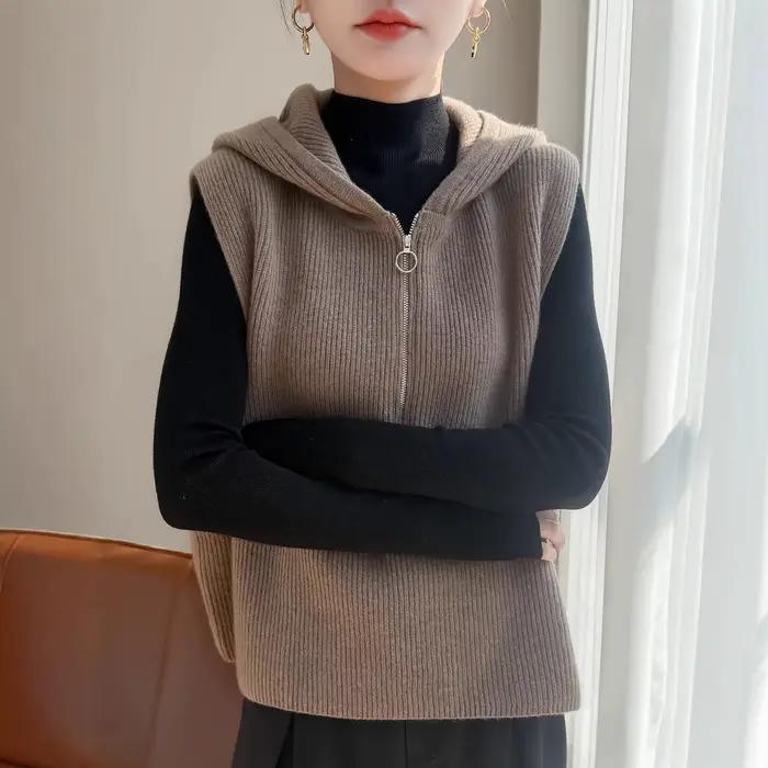 Pull femme gilet fermeture éclair à capuche chaud automne hiver tricoté