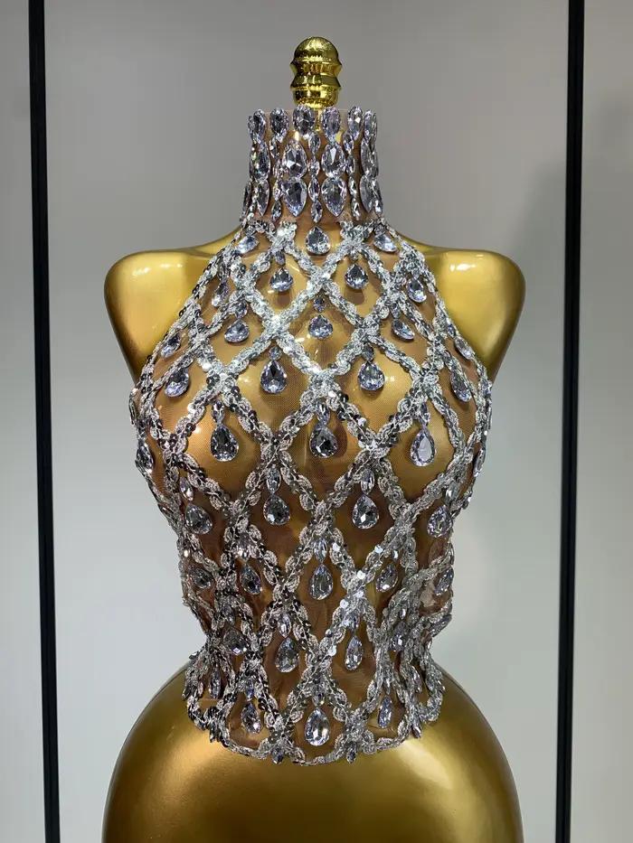 Haut transparent en maille à paillettes et strass scintillants pour femmes, dos nu, soirée, spectacle, tenue de nuit élégante