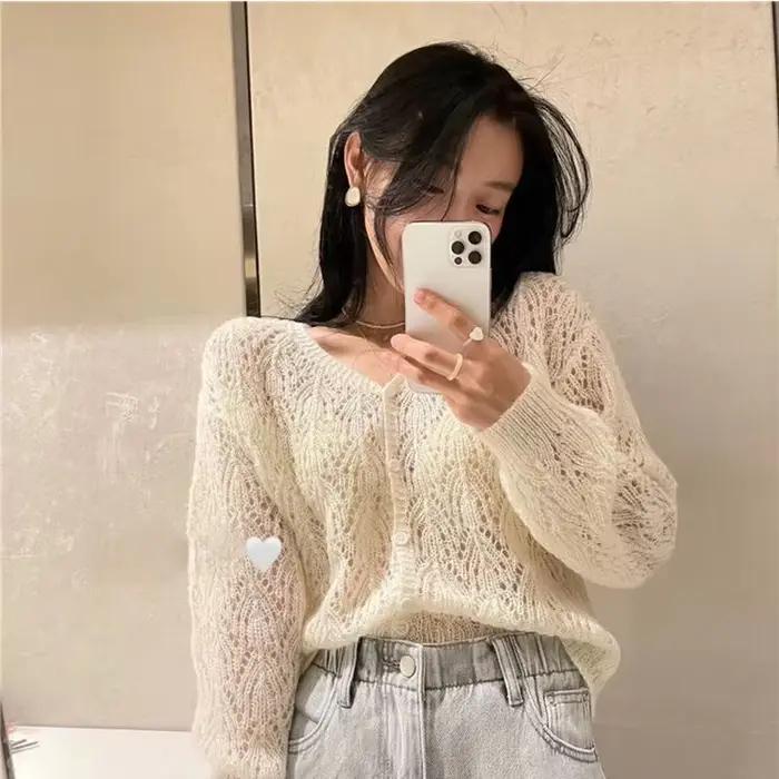 Cardigan à col en V pour femme, manches longues évidées, simple boutonnage, doux, solide, respirant, printemps, automne, style korean, junior, blanc, jaune, rose, violet, vert