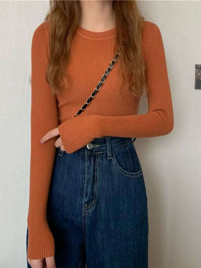 Nouveau Pull Femme 2026 Automne Hiver Manches Longues Col Rond Basique Tendance Élastique Tricoté Uni