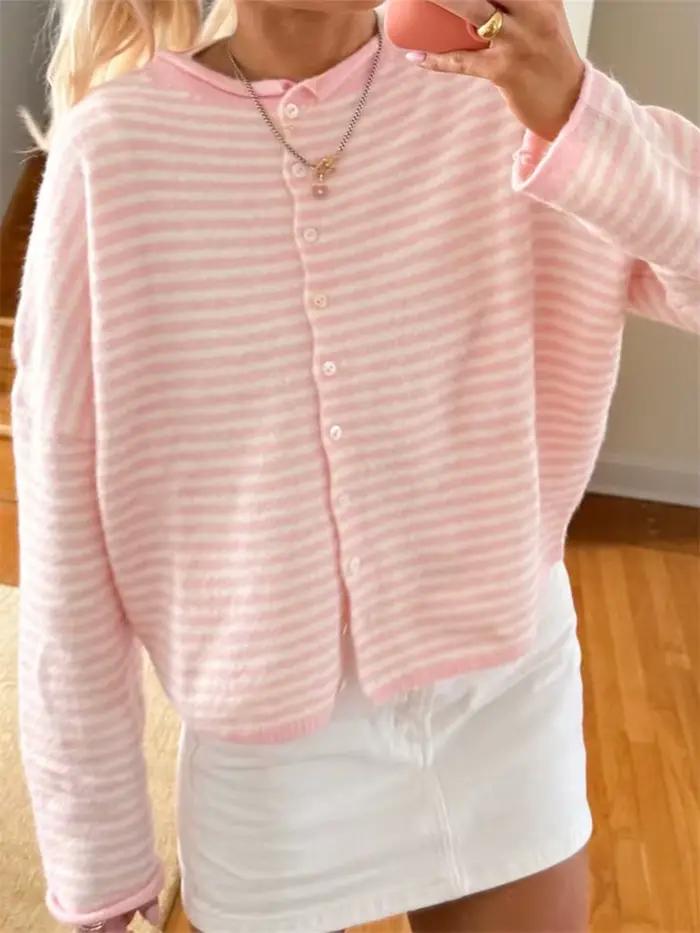 Pull femme rayé boutonné Cardigan hauts en tricot vêtements d'extérieur décontracté ample à manches longues automne