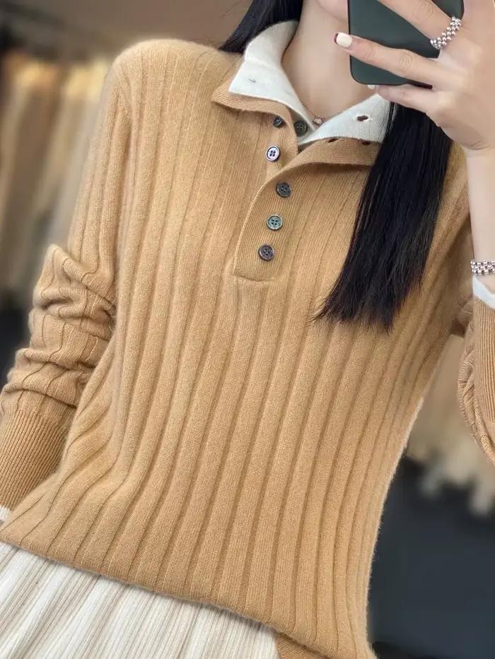 Pull à col rabattu pour femme 100% laine mérinos Automne Hiver Épaissi Chaud Casual Tricotage en cachemire Vêtements
