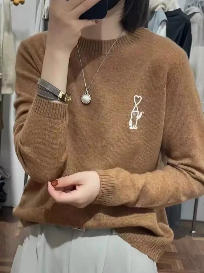Pull en cachemire à manches longues et col rond pour femmes, élégant pull brodé, automne et hiver, idéal pour bureau et occasions spéciales