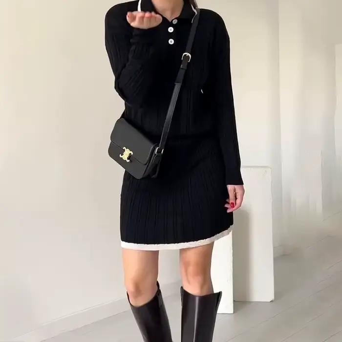 Robe de bal bywindto avec patchwork et col polo pour femmes style classique automne-hiver