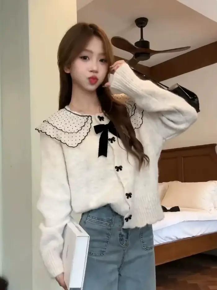 Chandail Kawaii Coquette en polyester et coton pour femmes junior, élégant et doux, style coréen, pour automne et hiver