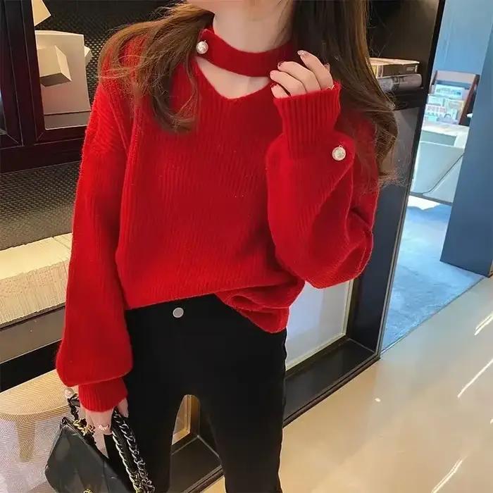 Pull en tricot à col en V rouge pour femme