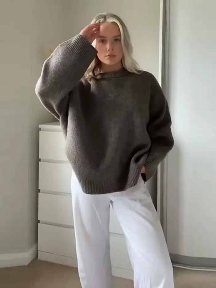 Pull ample en polyester et coton bleu ciel pour femmes mode de rue automne hiver