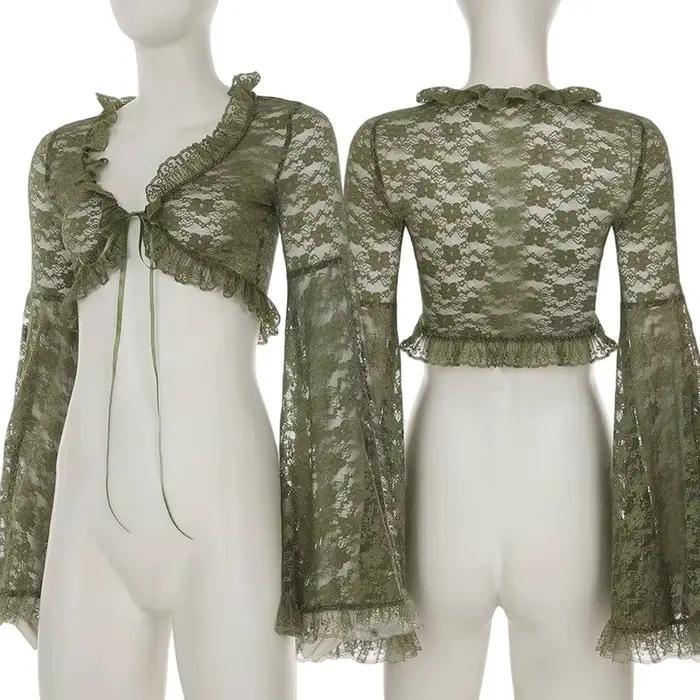 Cardigan vert en dentelle à nouer pour femme, col en V, manches évasées transparentes, style court, mode gothique Y2K, printemps automne, chemise décontractée, coupe régulière, polyester coton