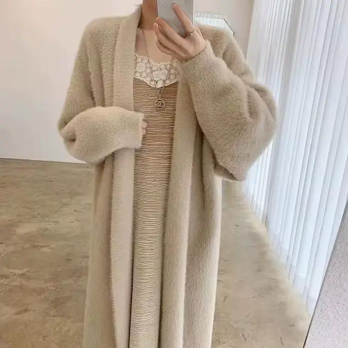 Cardigan long blanc pour femme style coréen chaud et vintage automne hiver Polyester Acrylique Coupe ample Col en V Haute élasticité Occasions spéciales