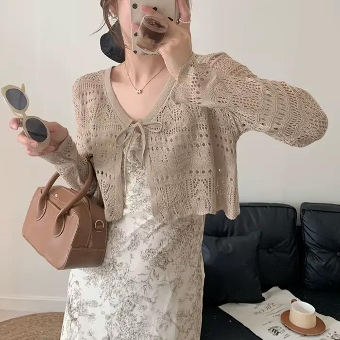 Boléro Cardigan femmes à manches longues cravate devant ajouré haut court haussement d'épaules léger couvrir adolescente printemps été Y2K 90s tenue