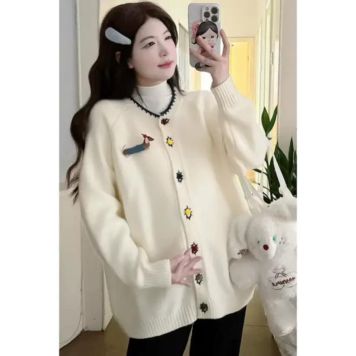 Cardigan de maternité printemps automne mignon doux confortable brodé chien de dessin animé pour femmes enceintes occasions spéciales