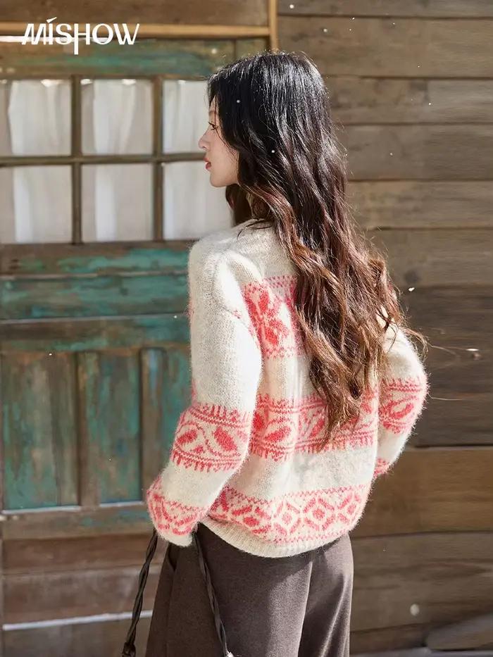 MISHOW pull Jacquard géométrique de noël pour femmes 2025 hiver Beige blanc laine col rond