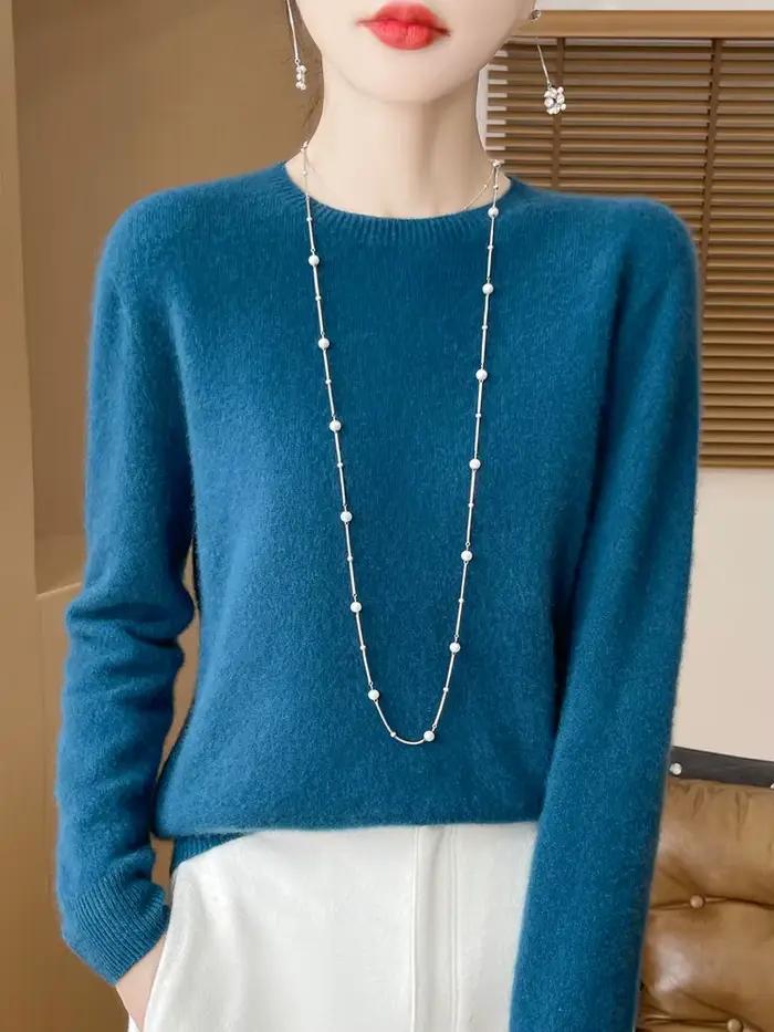 Femmes automne hiver 100% laine mérinos pull pulls col rond confort doux cachemire tricots femme Base bas