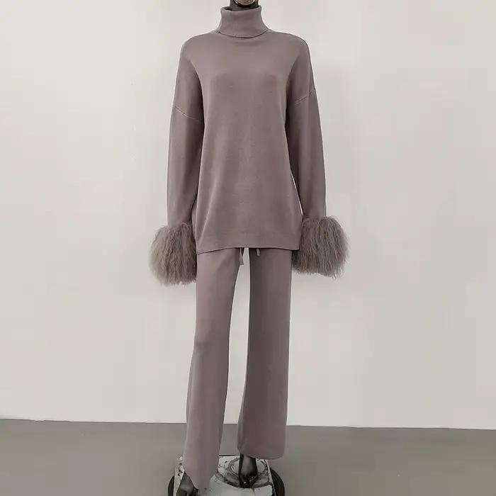 DEBAIFUR 2025 printemps automne Cardigan réel mongolie mouton fourrure pull femmes tricoté pantalons longs ensembles col haut tricots femme