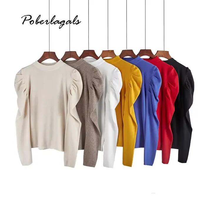 Pull en coton polyester tricoté décontracté avec manches bouffantes pour femmes hiver style sauvage occassions variées