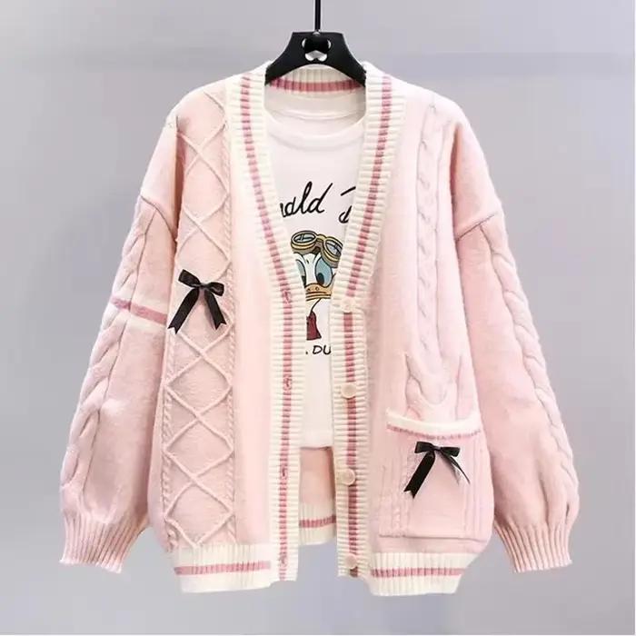 Cardigan tricoté à col en V pour femme, pull à nœud doux, style Y2K, couleur contrastée, Kawaii JK, manteau à simple boutonnage, pour automne hiver, pour femmes junior