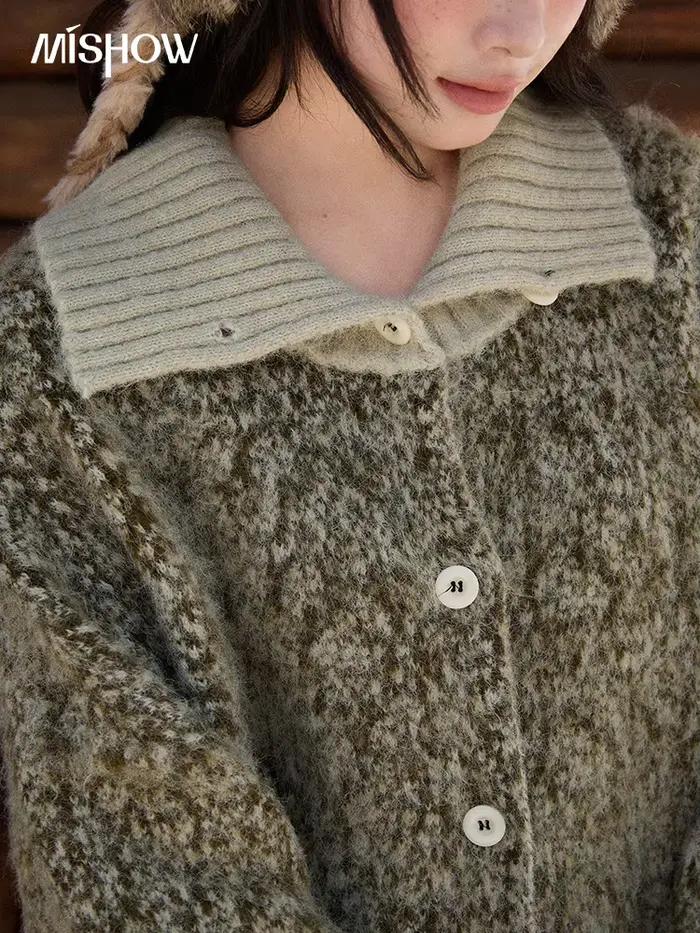 MISHOW femmes vert rétro tacheté pull hiver 2025 décontracté col montant manches chauve-souris tricoté Cardigan hauts MXE90Z2787