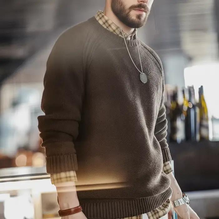 Pull MADEN Vintage en acrylique et coton lourd tricoté col rond pour hommes, style rétro, chaud pour automne et hiver