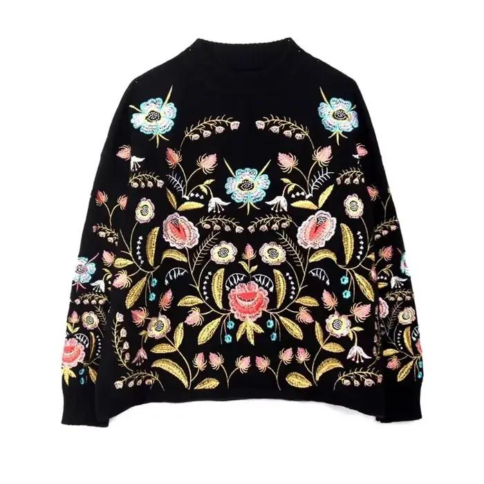Décontracté noir broderie florale pull